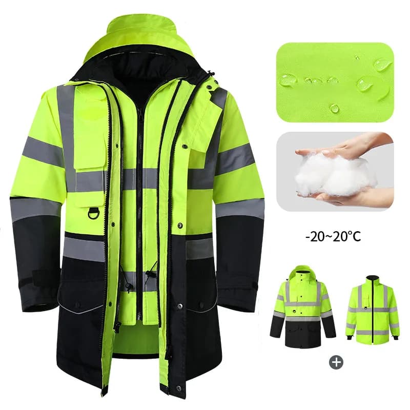Safety Jacket Reflective Waterproof Windproof Coldproof Hi Vis 7 in 1 Parka Windbreaker Workwear with Detachable Cotton Linner