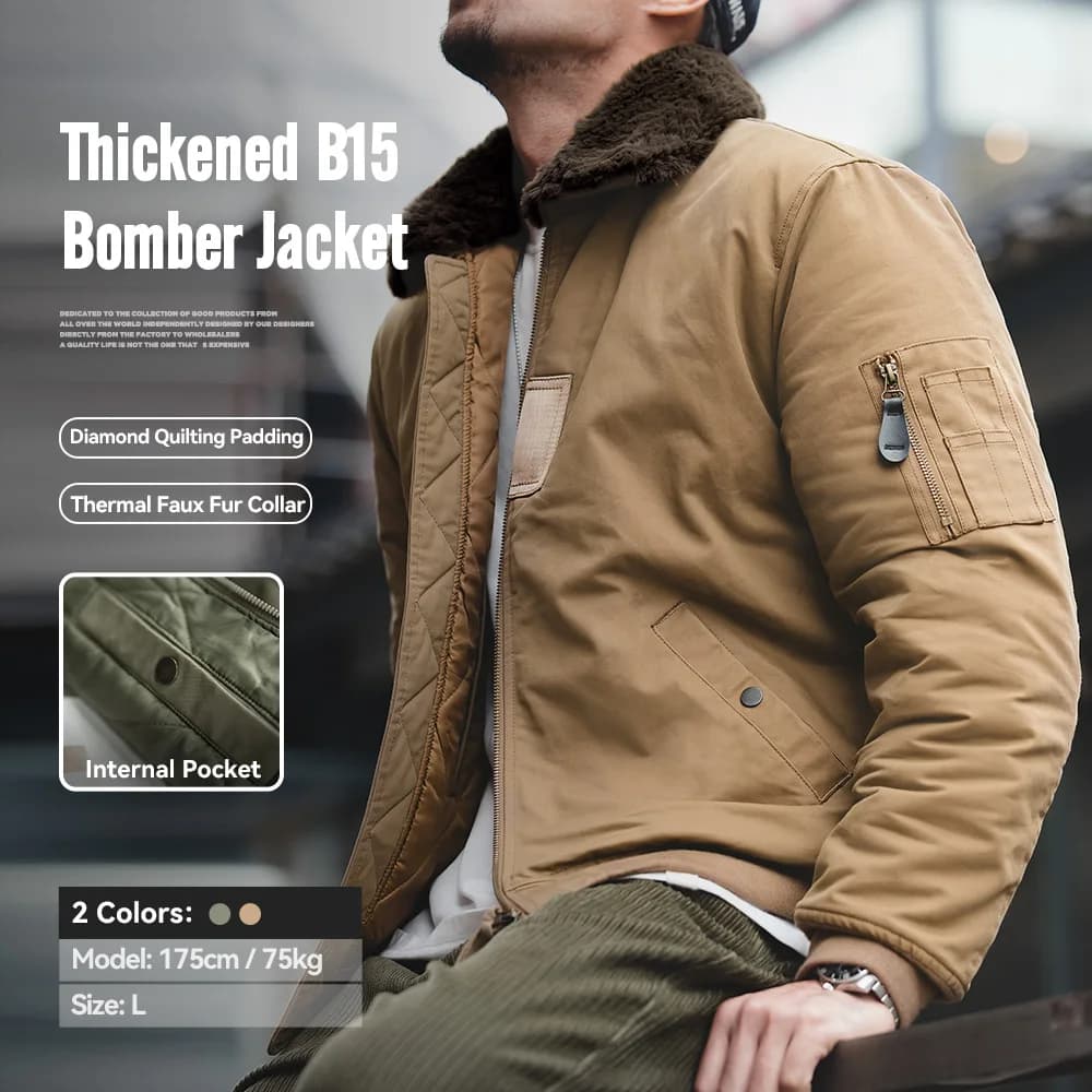 Maden Men's Vintage B-15 Bomber Jacket Green Khaki Faux Rabbit Fur Collar Thick Padded Winter Coat Warm Windproof Zipper Parka