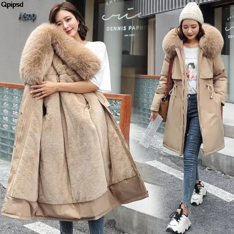 Fur Lining Mujer Coat 2025 New Winter Thick Warm Down Padded Jacket Women's Plus Velet Cotton Coat Winter Hooded Loose Parkas