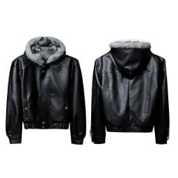 Rhinestone Rivet Faux Fur Liner Pu Leather Winter Jacket Man Woman Thickened Warmer Fur Collar Hooded Winter Furry Coat