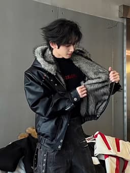 Rhinestone Rivet Faux Fur Liner Pu Leather Winter Jacket Man Woman Thickened Warmer Fur Collar Hooded Winter Furry Coat