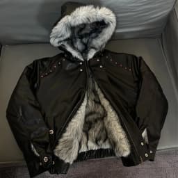 Rhinestone Rivet Faux Fur Liner Pu Leather Winter Jacket Man Woman Thickened Warmer Fur Collar Hooded Winter Furry Coat