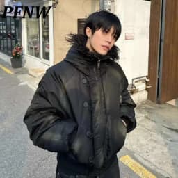 PFNW Winter New Oversized Black Cotton-padded Coat Men's Trend Tie-dye Print Fur Collar Zipper Hooded Quilted Padded Jackets