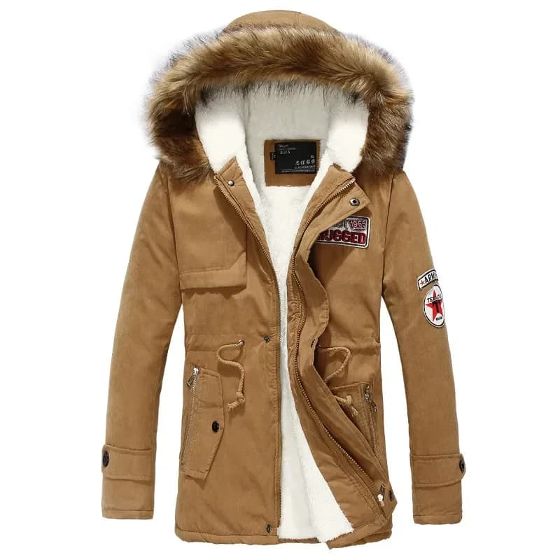 Winter Faux Fur Men's Thicken Parka Casual Outerwear Trim Hooded Patch Detail Fleece Coat Male Autumn Overcoat Wadded Jackets