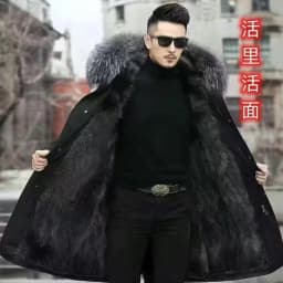 Men's Fashion Exra Long Parkas Faux Fur Lined Thick Warm Overcoat Long Fur Coat With Fur Hood Winter Thermal Outerwear