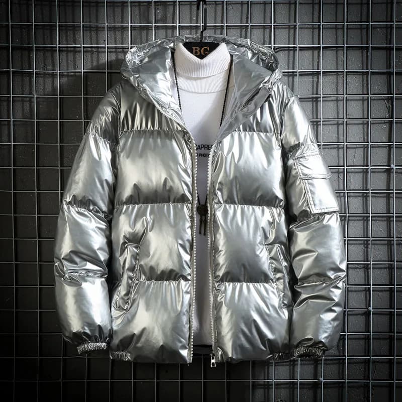 Men's Short Thickened down Cotton Jacket Silver Shiny Surface Autumn Winter Hooded Couple Trendy Bread Coat Male Fashionable ...