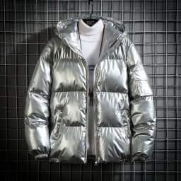 Men's Short Thickened down Cotton Jacket Silver Shiny Surface Autumn Winter Hooded Couple Trendy Bread Coat Male Fashionable ...