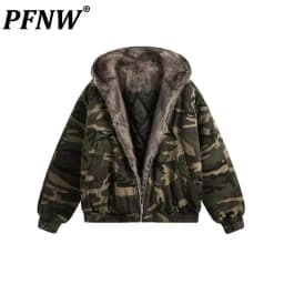 PFNW American Style Men's Padded Jackets Loose Fleece Camouflage Thickened Casual Zipper Hooded Male Coats New Tide 2024 CPG2404