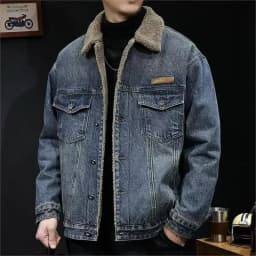 Men's Winter Thickened Warm Cotton Jacket Lamb Velvet Collar Denim Workwear Casual Style Long Sleeve Button Closure Coat