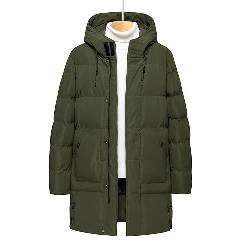 Men Mid Long Hooded Padded Cotton Jacket Plus Size Thick Warm Quilted Winter Coat Drawstring Hood Casual Cold Weather Outerwear