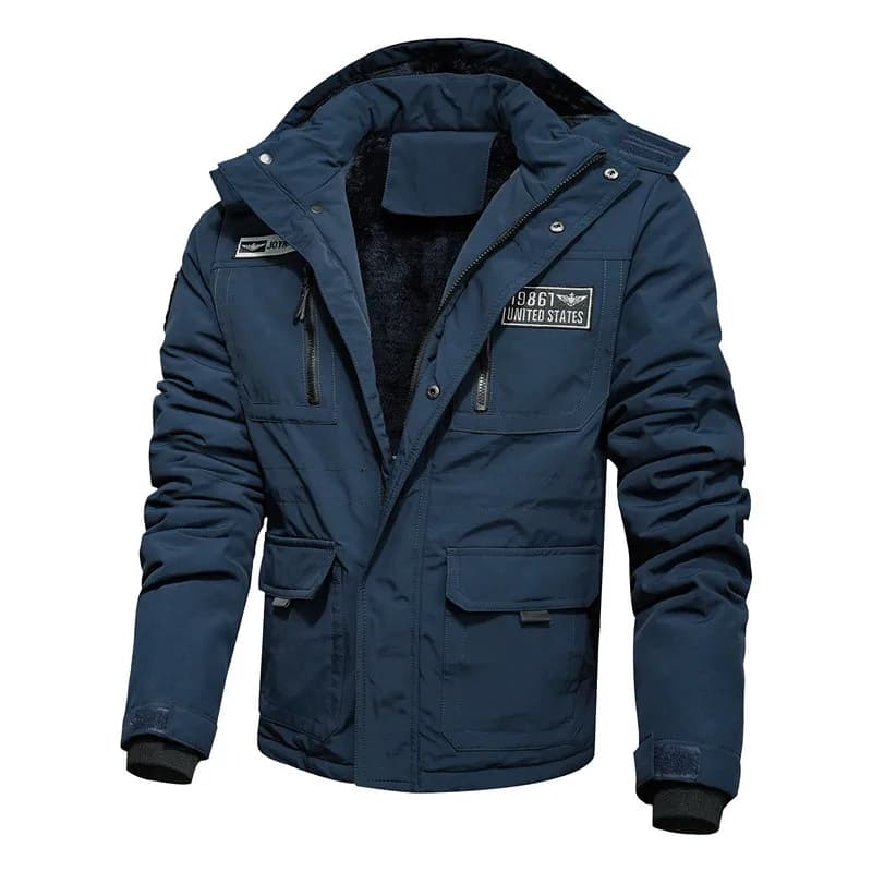 Mens Stylish Warm Parkas Autumn Winter Blue Plus Size Fleece Lined Parkas Zipper Loose Detachable Collar Solid Color Parkas