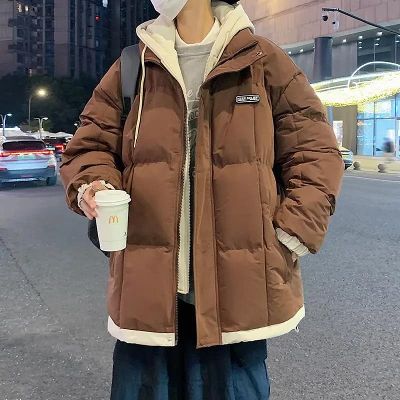 2026 Fake Two Piece Mens Hooded Parkas Unisex Cotton Padded Winter Jacket Fashion Warm Thicken Coats