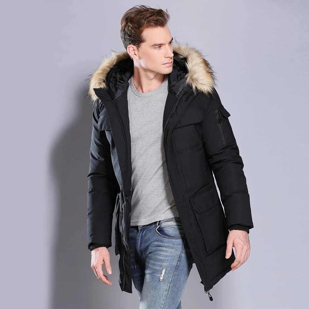 Men Thickened Down Cotton Parka Men Big Fur Collar Hooded Parkas Men Mid long Multi Pocket Outerwear Men Warm Casual Daily Parka