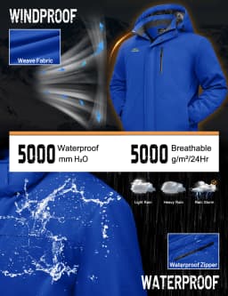 TACVASEN Mens Heavyweight Ski Jacket Waterproof Fleece Parka Detached Hood Windproof Placket Outdoor Coat Winter Warm 5 Pocket