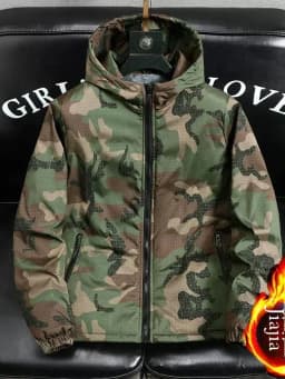 Men's Camouflage Fleece Lined Thickened Cotton Jacket Autumn Winter Warmth Outerwear Casual Zipper Closure Long Sleeve Coat