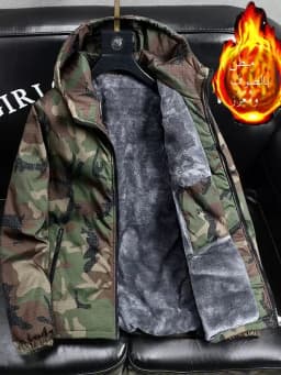 Men's Camouflage Fleece Lined Thickened Cotton Jacket Autumn Winter Warmth Outerwear Casual Zipper Closure Long Sleeve Coat