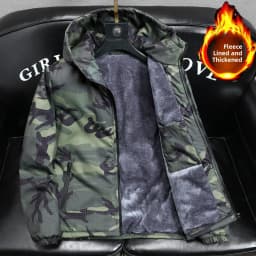 Men's Camouflage Fleece Lined Thickened Cotton Jacket Autumn Winter Warmth Outerwear Casual Zipper Closure Long Sleeve Coat