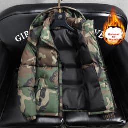 Men's Camouflage Fleece Lined Thickened Cotton Jacket Autumn Winter Warmth Outerwear Casual Zipper Closure Long Sleeve Coat