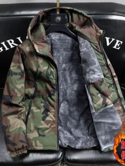 Men's Camouflage Fleece Lined Thickened Cotton Jacket Autumn Winter Warmth Outerwear Casual Zipper Closure Long Sleeve Coat