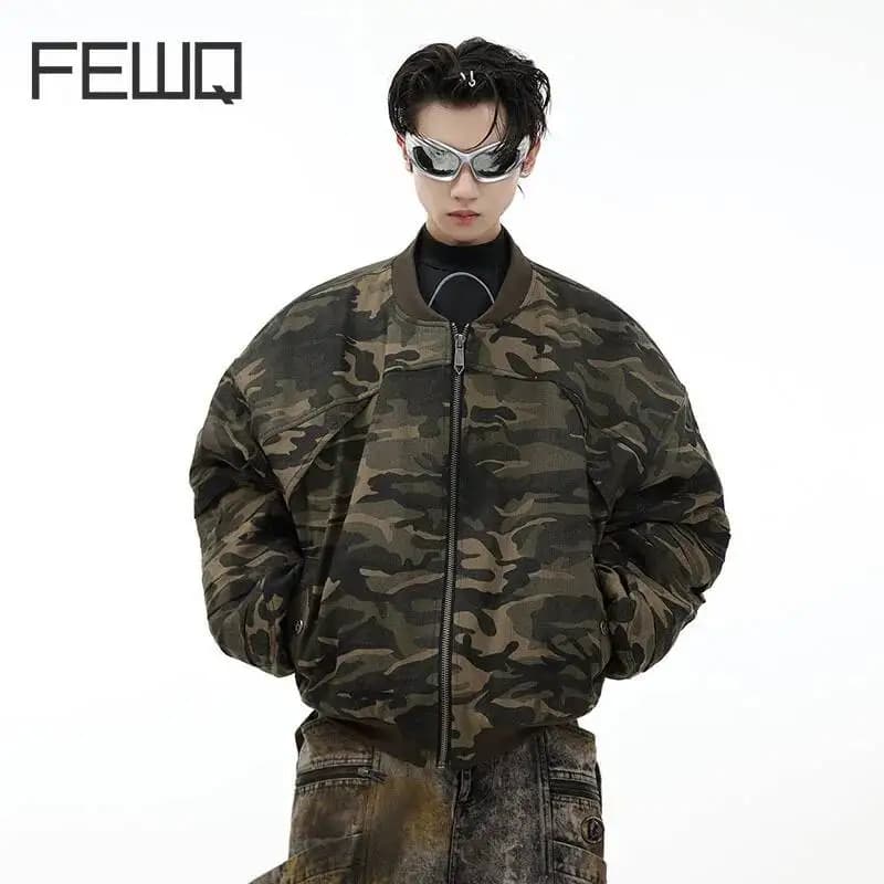 FEWQ American Retro Camouflage Loose And Thick Cotton Jacket, Casual High Street Comfortable Jacket 2026 Autumn New 24W3544