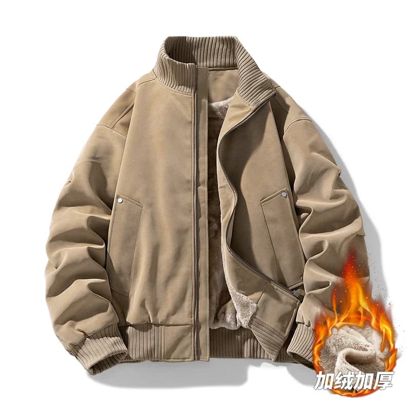 Men Casual Winter Faux Suede Bomber Jacket Stand Collar Parkas Motorcycle Coa Zip Up Warm Thickened Outerwear Fashion 28518