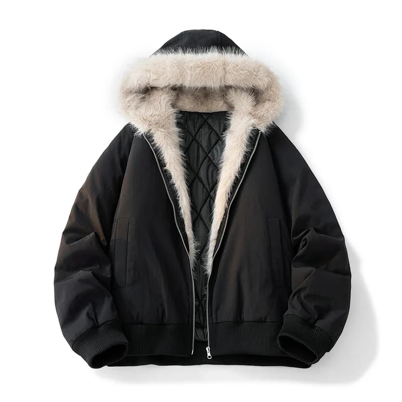 Korean Winter Splicing Fur Collar Loose Fashion Trend Hooded Men's Long Sleeve Short Fleece Thickened Warm Zipper Short Jacket
