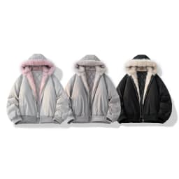Korean Winter Splicing Fur Collar Loose Fashion Trend Hooded Men's Long Sleeve Short Fleece Thickened Warm Zipper Short Jacket