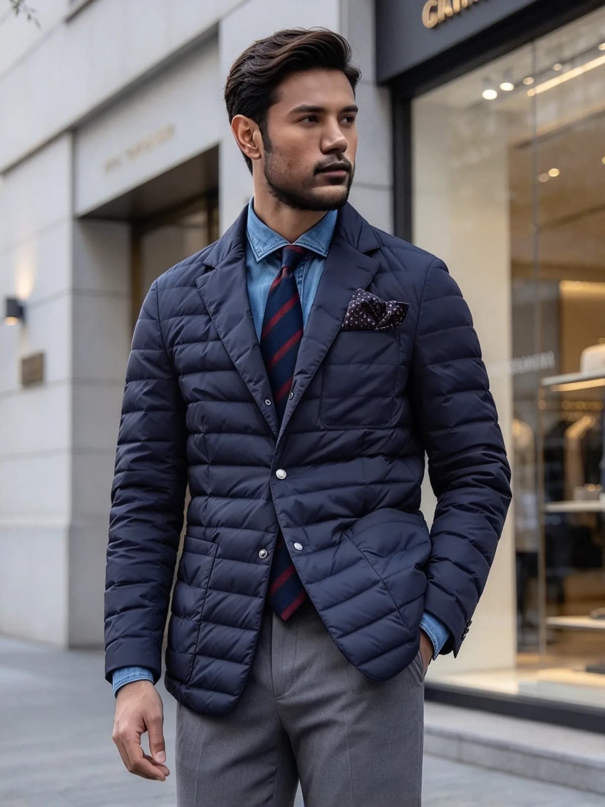 European Style Men's Winter Suit Cotton Jacket Warm Casual Fit Polyester  Silk Cotton Fill Mid-Length Button-Up Coat