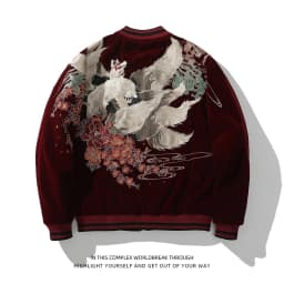 Afashion Spring Autumn New Heavyweight Baseball Collar Men's Jacket Nine-Tailed Embroidery Vintage Polyester Fiber Standar
