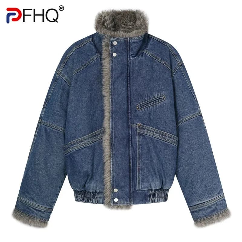 PFHQ American Vintage Fur Collar Denim Cotton Coat Men Loose Stand Collar Warm Outerwear Autumn Winter Casual Jacket 21P4863