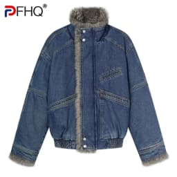 PFHQ American Vintage Fur Collar Denim Cotton Coat Men Loose Stand Collar Warm Outerwear Autumn Winter Casual Jacket 21P4863
