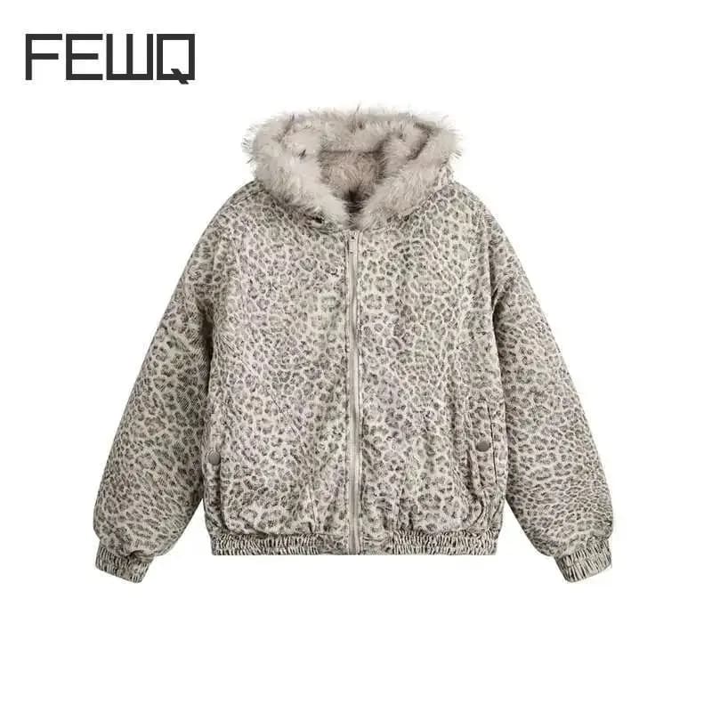 FEWQ Niche Design Men's Fleece Jackets Hooded Leopard Print Fur Thick Padded Coats Thermal Contrast Color Male Clothing CPG2405