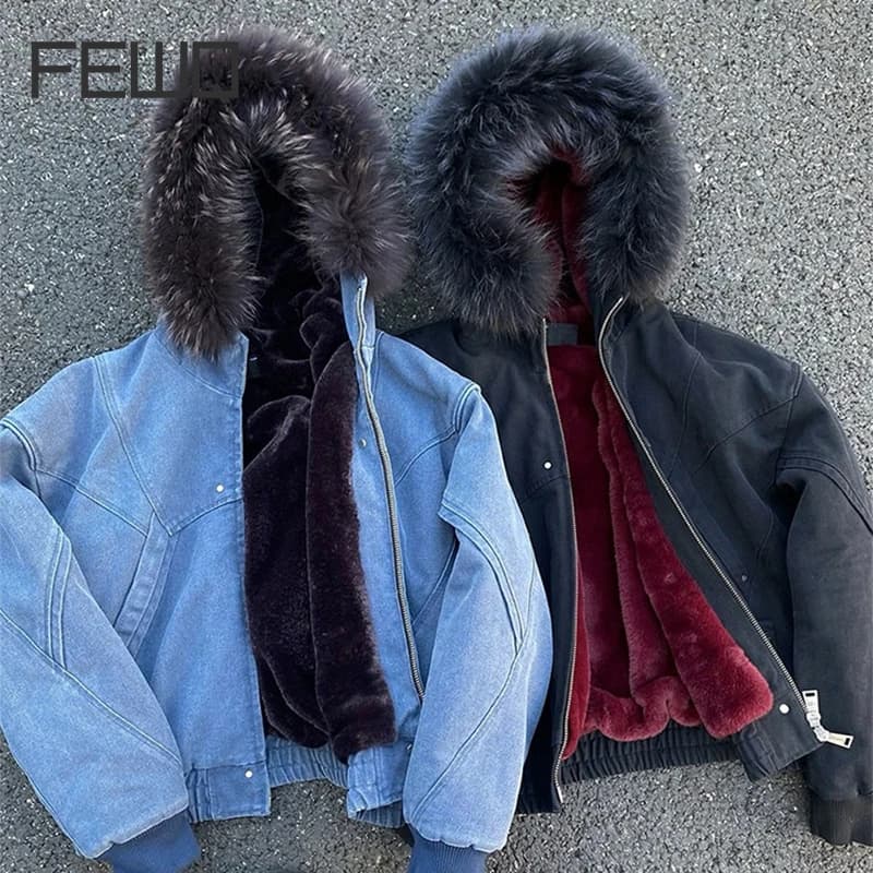FEWQ American Retro Men's Thick Cotton Jacket With Fur Collar Casual All-match Canvas Washed Top 2026 Autumn New 24W3847