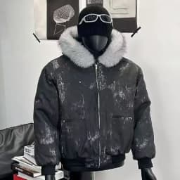 Mens Thick Fleece Lined Bomber Jacket Detachable Faux Fur Trim Hood Windbreaker Distressed Denim Style Zip Up Warm Coat Outwear