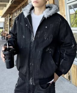 Mens Thick Fleece Lined Bomber Jacket Detachable Faux Fur Trim Hood Windbreaker Distressed Denim Style Zip Up Warm Coat Outwear