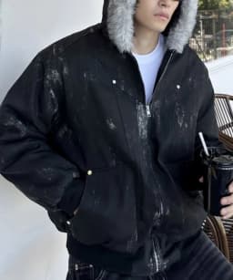 Mens Thick Fleece Lined Bomber Jacket Detachable Faux Fur Trim Hood Windbreaker Distressed Denim Style Zip Up Warm Coat Outwear