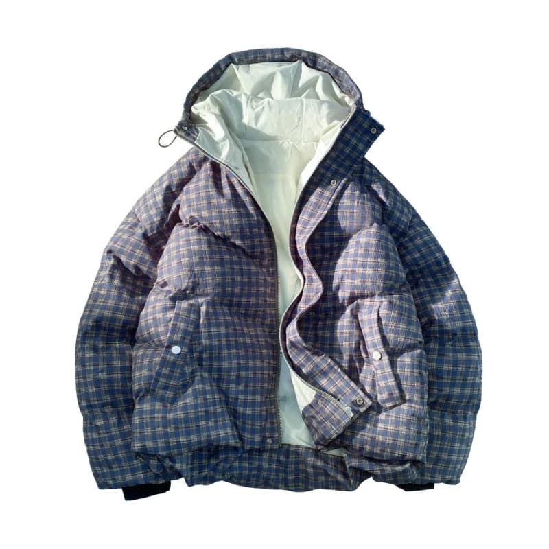 Hip-hop Winter Men Coat New Casual Thick Warm Women Parka Coat Streetwear Loose Hooded Grid Couple Coat