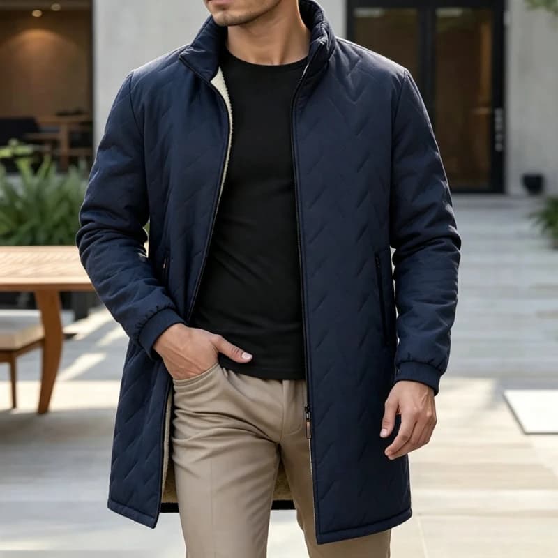 Men's Mid Length Parka Coat Autumn Embossed Quilted Ultrasonic Parkas Man Winter Lambswool Fleece Lined Jackets Thick Outerwear