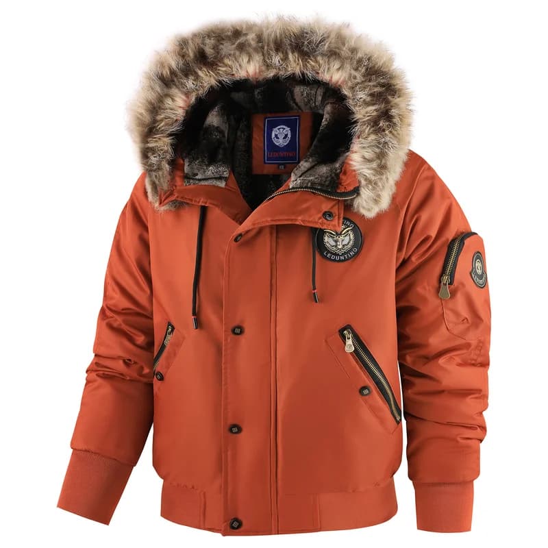 Men's Fashion Cargo Thick Warm Jackets With Fur Hood With Multi Pockets Fleece Lined Thermal Overcoat Windproof Outerwear
