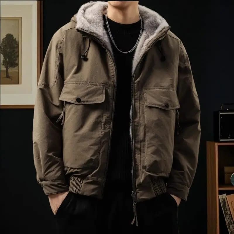 2026 New Thickened Warm Velvet Parkas Men Winter Solid Color Hooded Jackets Men's Pockets Cotton-padded Overcoats C952