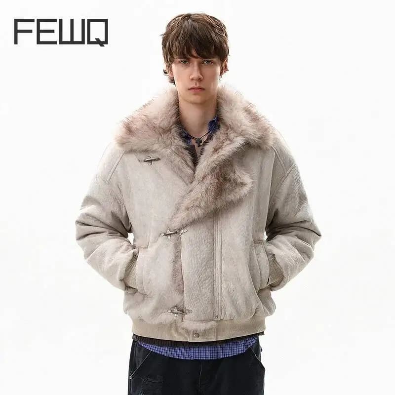 FEWQ American Style High Street Frosted PU Leather Fur Collar Men's Cotton Jacket Casual Thick Coat 2026 Autumn New 24W3545