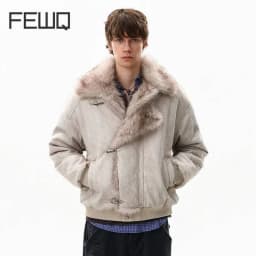 FEWQ American Style High Street Frosted PU Leather Fur Collar Men's Cotton Jacket Casual Thick Coat 2026 Autumn New 24W3545