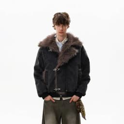 FEWQ American Style High Street Frosted PU Leather Fur Collar Men's Cotton Jacket Casual Thick Coat 2026 Autumn New 24W3545