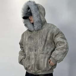 Outdoor Style Jacket Thickens Comfortable Parkas Winter Men's Cotton Jacket with Fur Collar Embroidery and Tie-dye Design Parkas