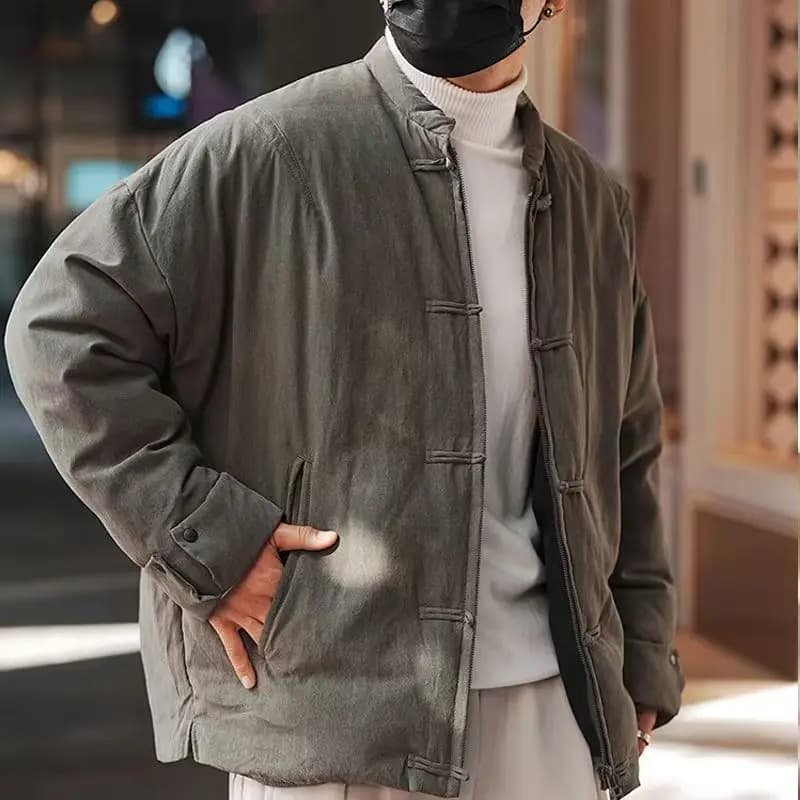 Juspinice Men's Chinese Style Streetwear Thickened Down Coat Frog Button Stand Collar Winter Warm Loose Quilted Jacket