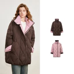 TOYOUTH Women 90% White Duck Down Jacket 2025 Winter New Diamond Grid Double Side Contrasting Color Splicing Jacket Coat