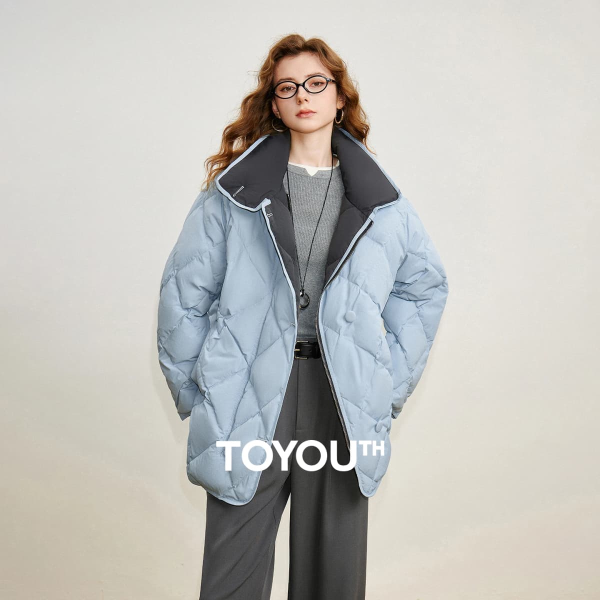 TOYOUTH Women 90% White Duck Down Jacket 2025 Winter New Diamond Grid Double Side Contrasting Color Splicing Jacket Coat