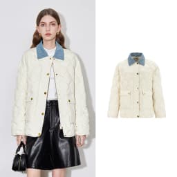 TOYOUH Women Down Jacket 2024 Autumn Winter New Denim Splicing Lapel Collar Zipper Closure Shirt Lightweight Warm Jacket