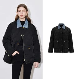 TOYOUH Women Down Jacket 2024 Autumn Winter New Denim Splicing Lapel Collar Zipper Closure Shirt Lightweight Warm Jacket