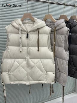 Schinteon Women 90% White Duck Down Vest with Hood Casual Sleeveless Jacket Simple Solid Color Fashionable Autumn Winter Top New